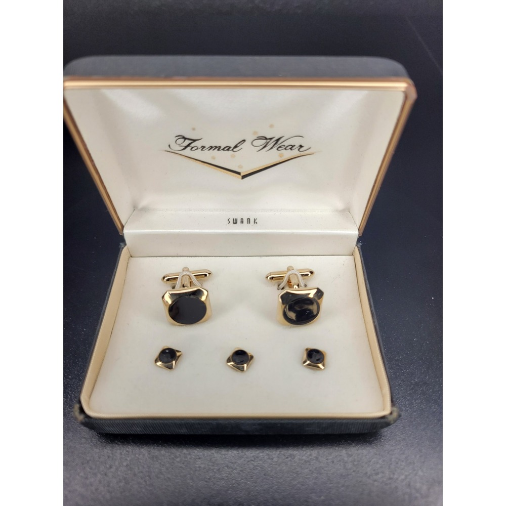 Swank Cufflinks and Shirt Studs Set Gold Tone Black Inlay Formal Wear Boxed
